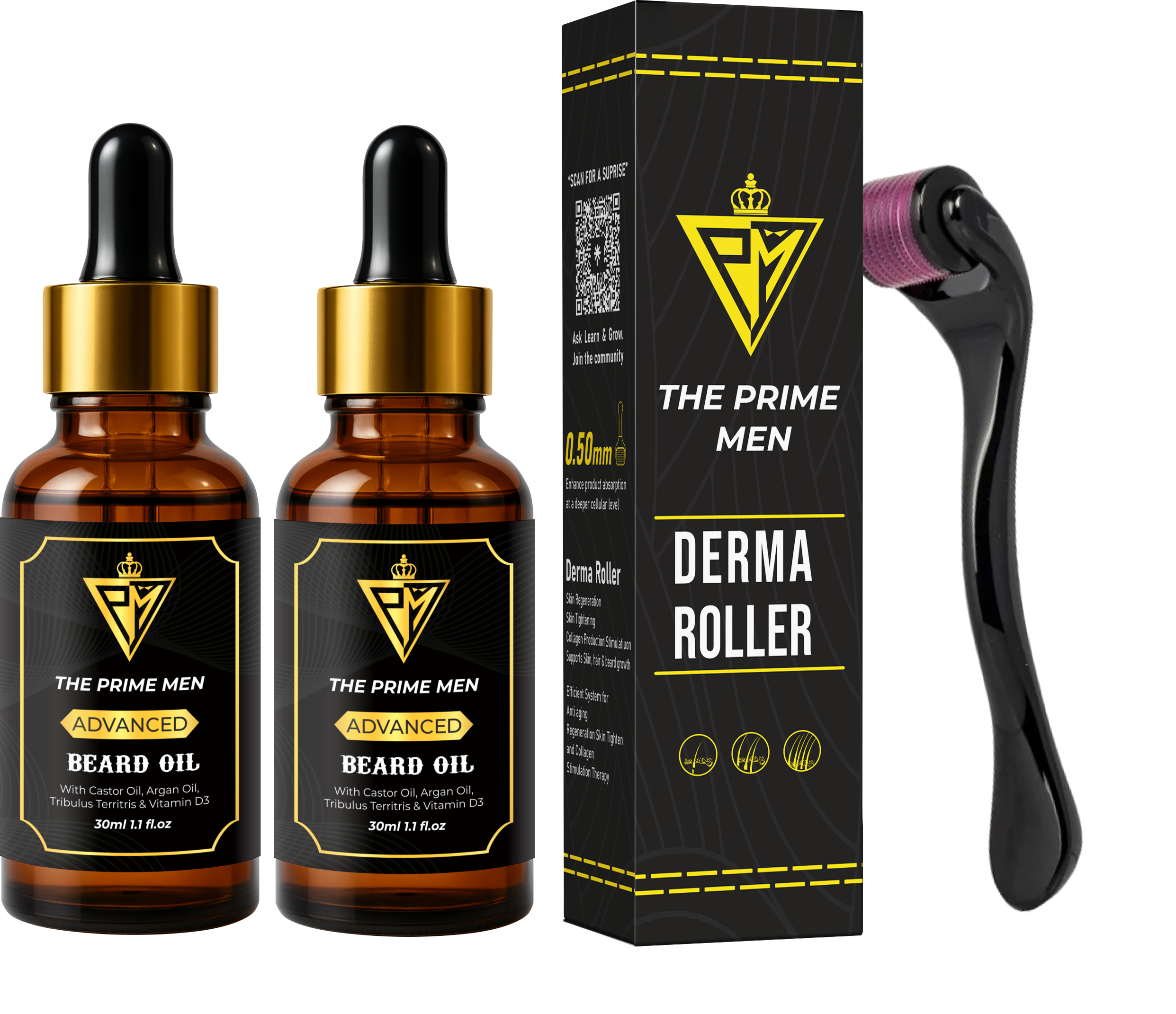 The Prime Men Beard Growth Kit | 2 Beard Oils + 1 Derma Roller