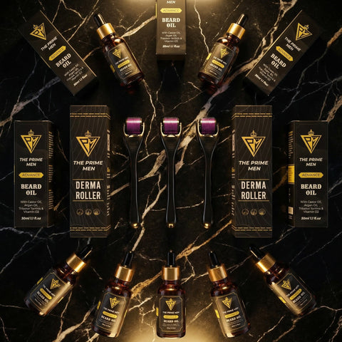 The Prime Men Beard Growth Kit | 2 Beard Oils + 1 Derma Roller