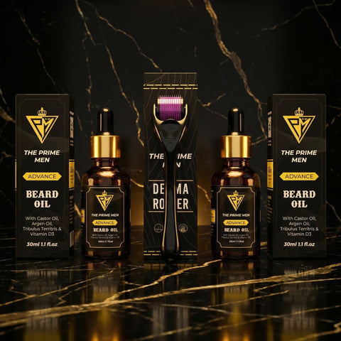 The Prime Men Beard Growth Kit | 2 Beard Oils + 1 Derma Roller