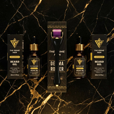 The Prime Men Beard Growth Kit | 2 Beard Oils + 1 Derma Roller